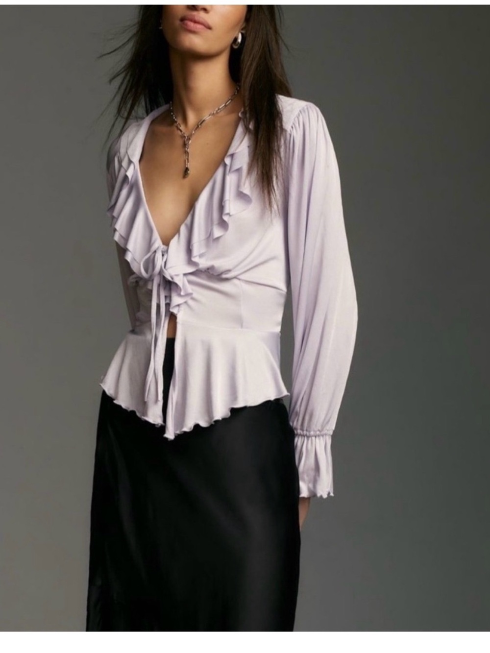 Anthropologie blouse Light Lavender Ruffle Tie-Front Women's Top large nwot